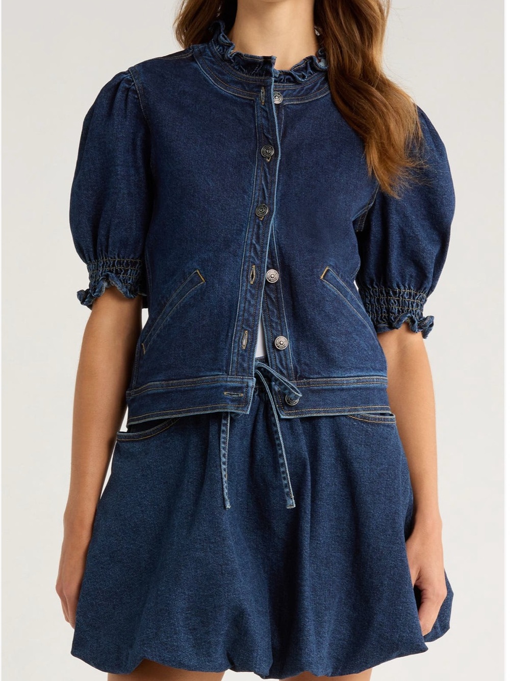 cinq a sept Navy Puff-Sleeve Denim Jacket
